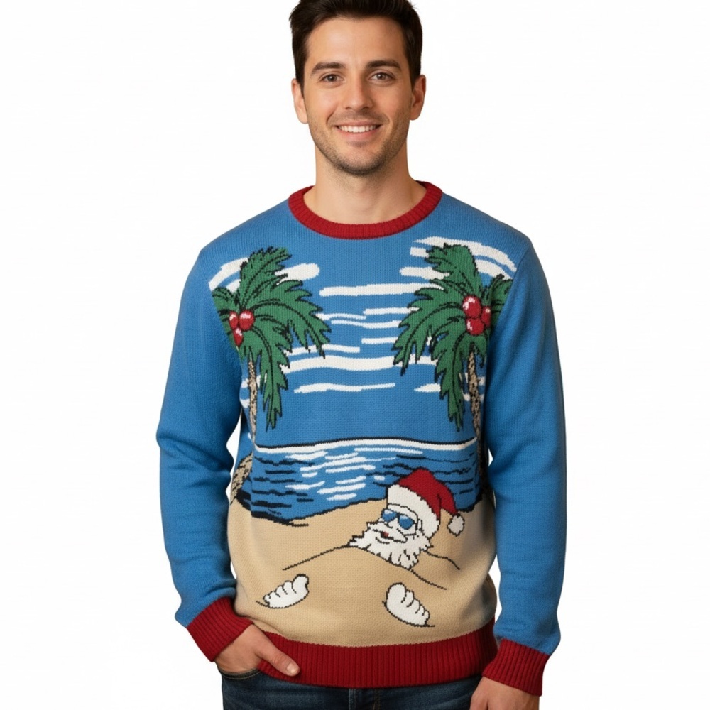 Ugly Christmas Sweater Blue Beach Santa Crewneck